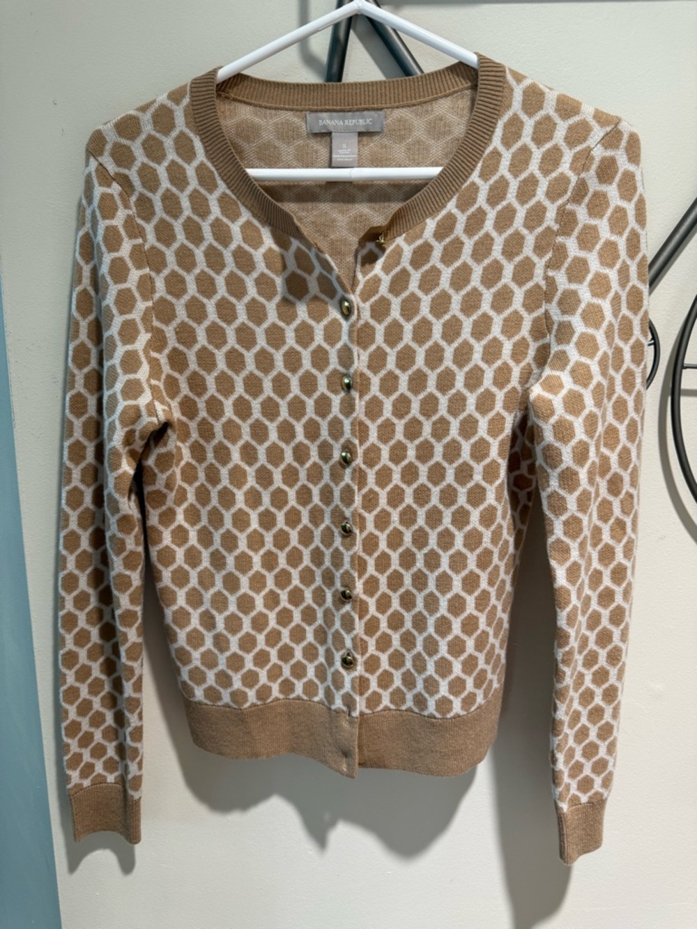 Banana Republic Camel & White Honeycomb Cardigan Size S Wool Blend